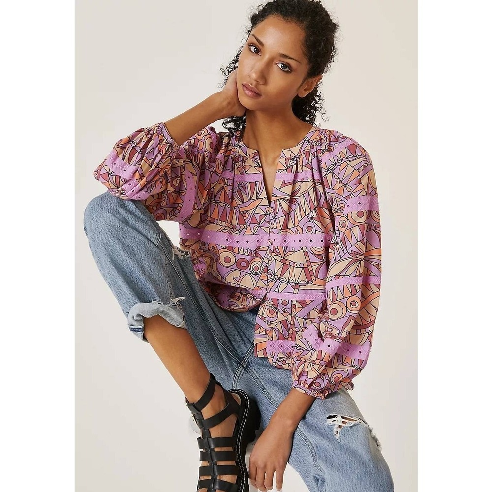 Anthropologie Pink Geometric Peasant Blouse